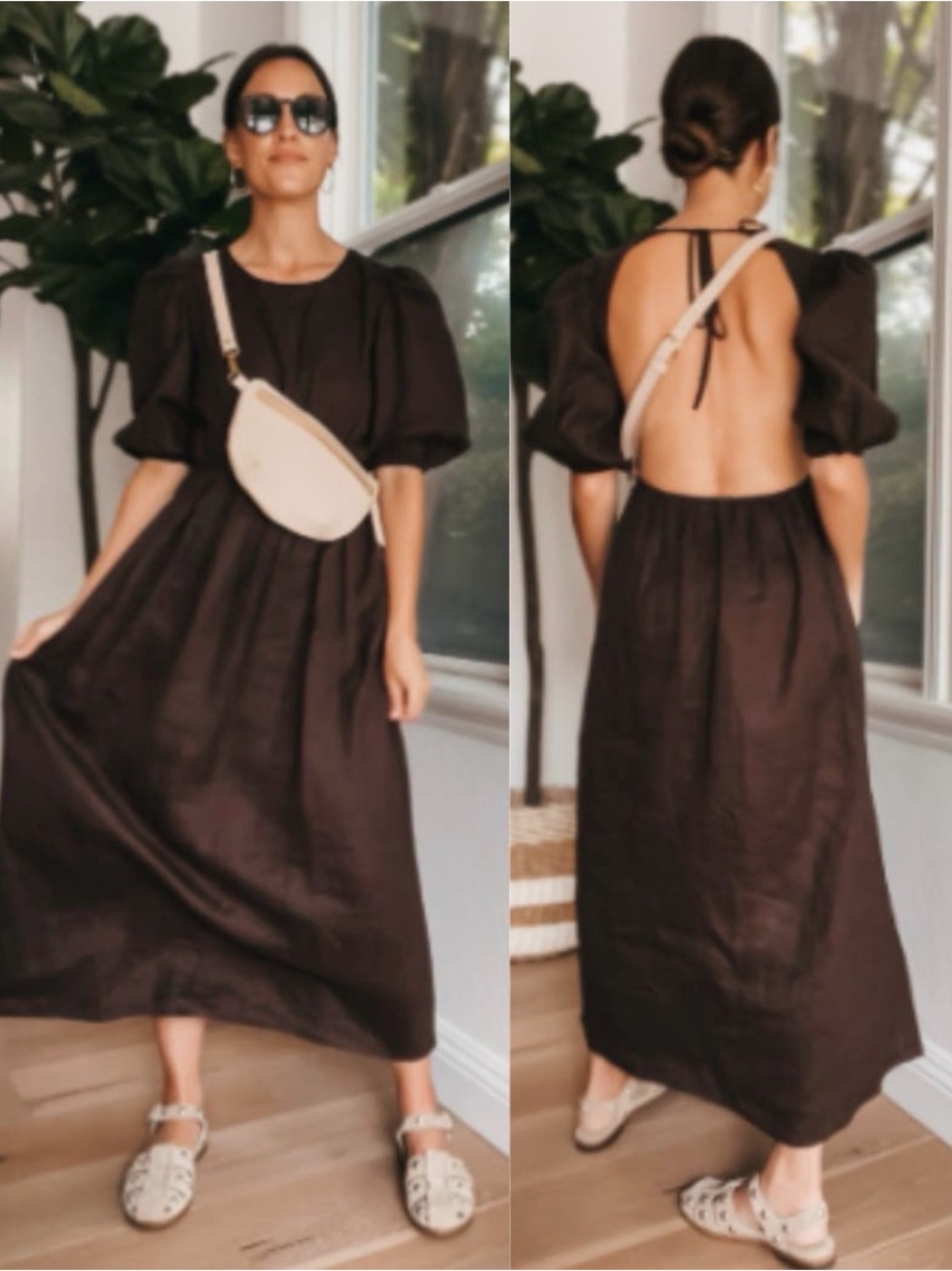 Dissh Claudia Chocolate Brown Linen Puff Sleeve Dress Open Back MIDI Dress 12